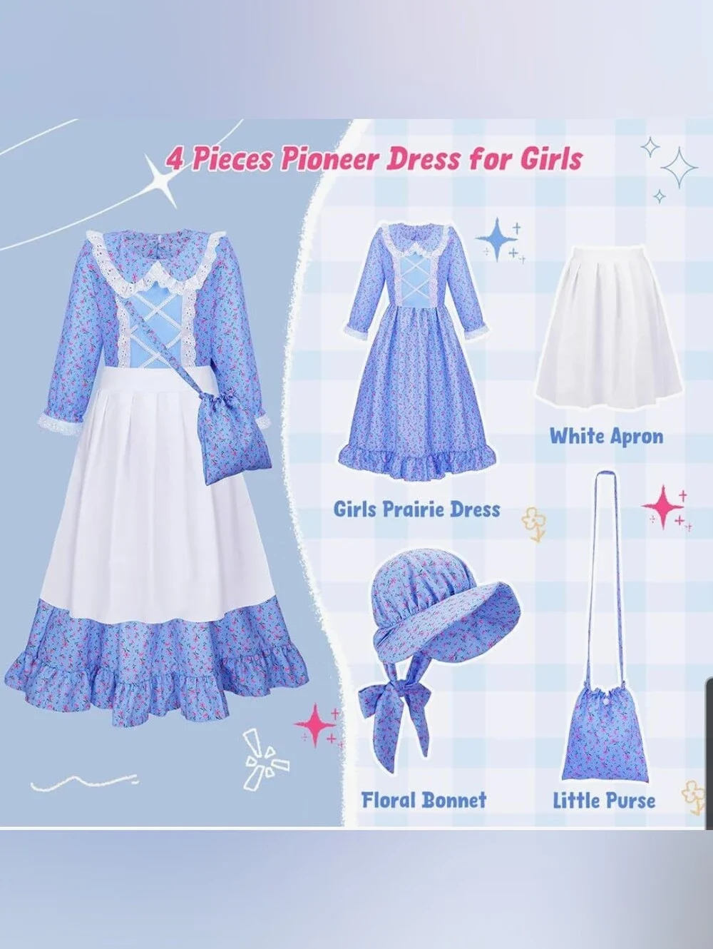 Classic Blue Prairie/ Pioneer Girl Costume with Apron and Bonnet 8-10 Year Olds